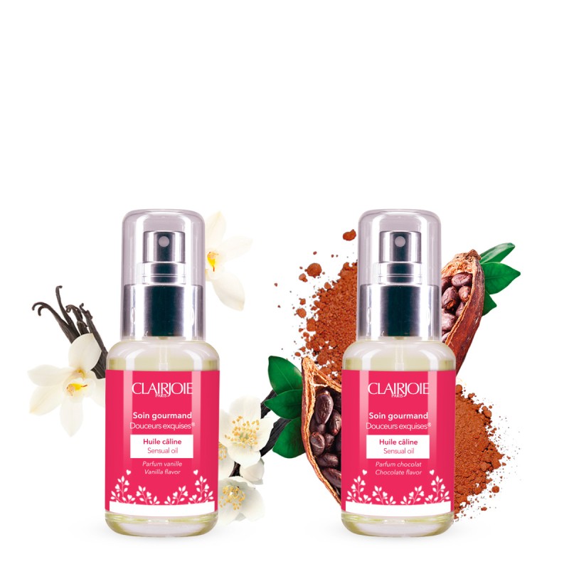 Duo Huiles Douceurs exquises® vanille & chocolat 50mL et les actifs Duo Huiles Douceurs exquises® vanille & chocolat 50mL et les actifs